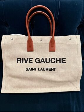 Saint Laurent Beige Canvas Rive Gauche Tote with Brown Leather Handles